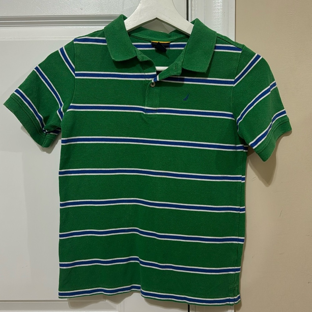Nautica boys polo shirt, Size Medium (6-7), green with blue & white stripes